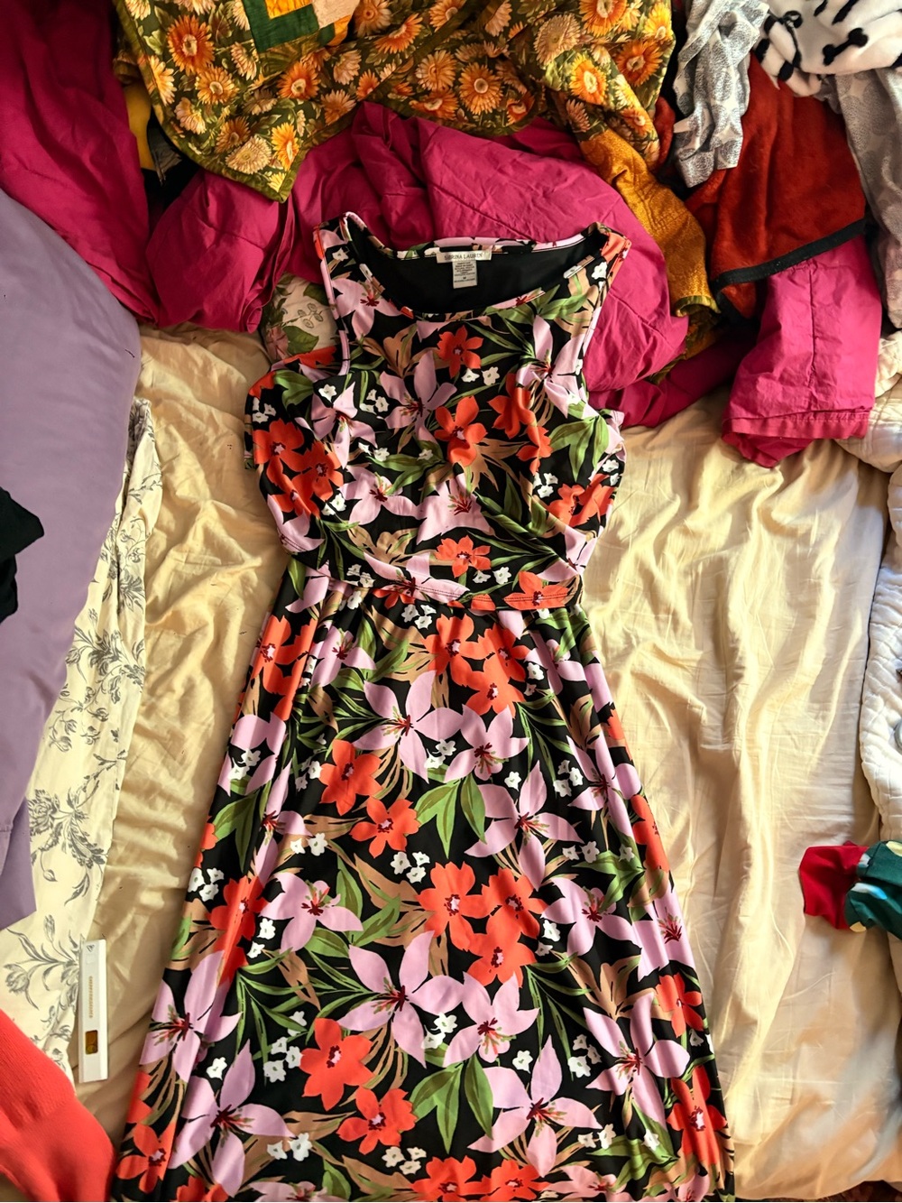 Sleeveless Floral Maxi Dress in Black with Pink & Orange Blooms